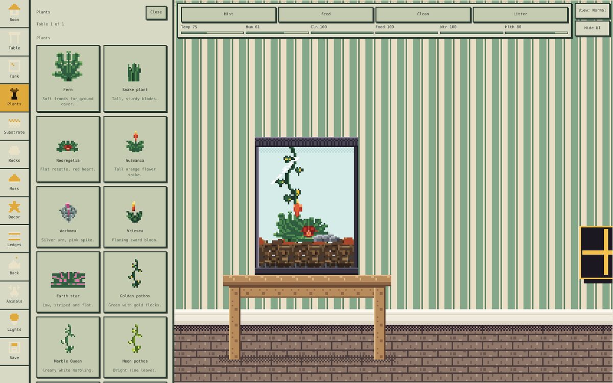 CE Vivarium game: a pixel-art terrarium on a table with a plant picker open